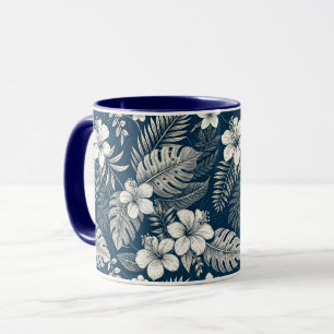 Navy Blue Hibiscus Monstera Tropical Botanical Mug