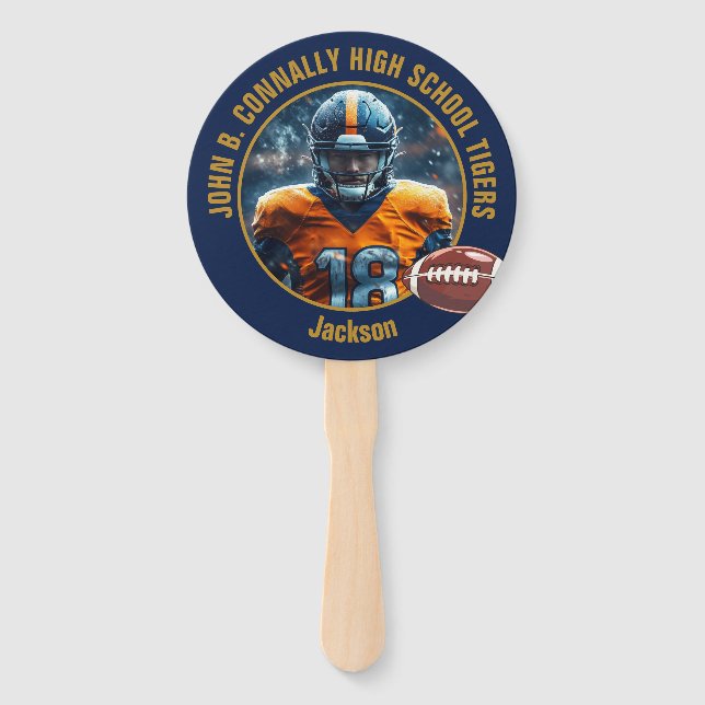 Navy Blue High School Football Player Photo Parent Hand Fan (Front)