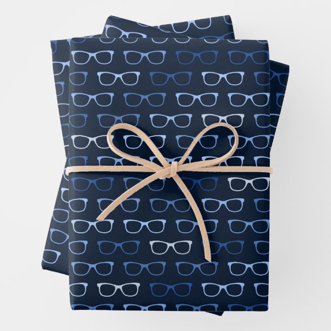 Navy Blue Hipster Glasses Pattern Nerd Wrapping Paper Sheet (In situ)