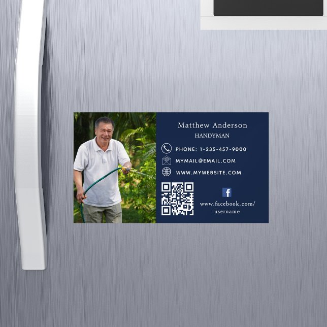 Navy blue home repairs photo QR code handyman Magnetic Business Card (Creator Uploaded)
