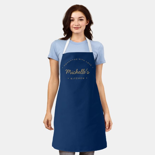 Navy Blue Homemade with love custom Name kitchen Apron (Worn)