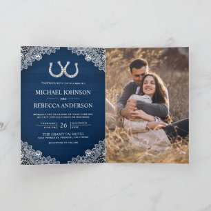 Navy Blue Horseshoes Lace Photo QR Code Wedding Invitation