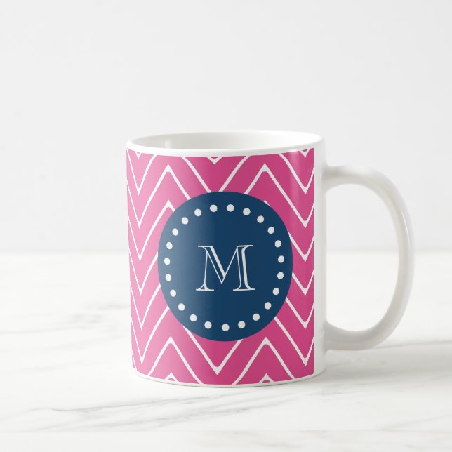 Navy Blue, Hot Pink Chevron Pattern, Your Monogram Coffee Mug (Right)
