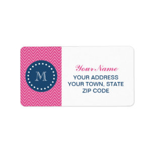 Navy Blue, Hot Pink Chevron Pattern, Your Monogram Label