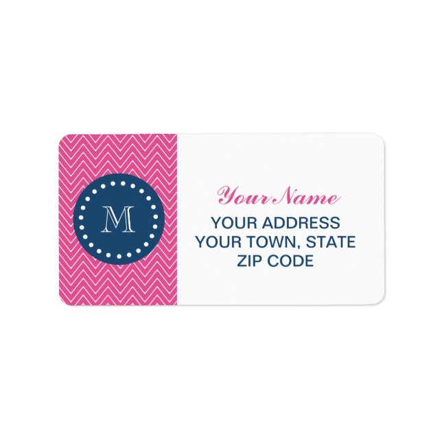 Navy Blue, Hot Pink Chevron Pattern, Your Monogram Label (Front)