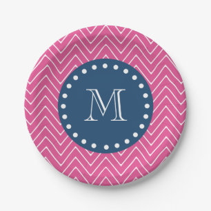 Navy Blue, Hot Pink Chevron Pattern, Your Monogram Paper Plate
