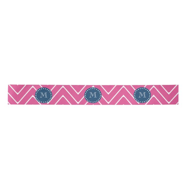 Navy Blue, Hot Pink Chevron Pattern, Your Monogram Satin Ribbon (Front)
