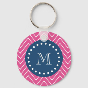 Navy Blue, Hot Pink Chevron Your Monogram Key Ring