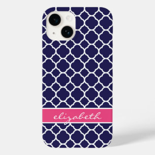 Navy Blue & Hot Pink Quatrefoil Custom Monogram Case-Mate iPhone 14 Case