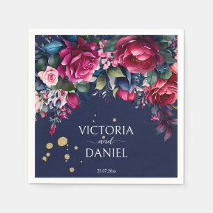 Navy blue hot pink roses personalised wedding napkin