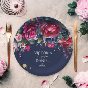 Navy blue hot pink roses personalised wedding paper plate