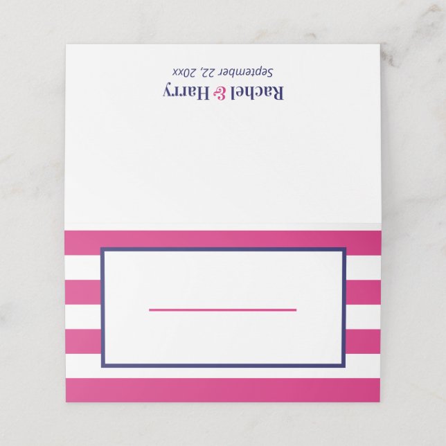 Navy Blue & Hot Pink Stripes Blank Place Card (Outside Unfolded)