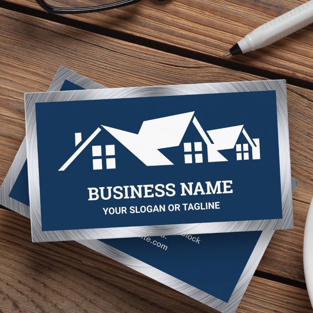 Navy Blue House Roofing Construction Roofer Business Card (Creator Uploaded)