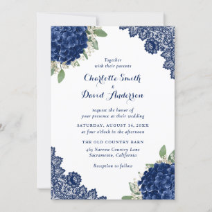 Navy Blue Hydrangea Floral Lace Wedding Invitation