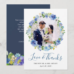 Navy Blue Hydrangea Floral Wreath Photo Thank You Card