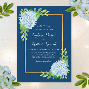 Navy Blue Hydrangea Gold Border Wedding Invitation