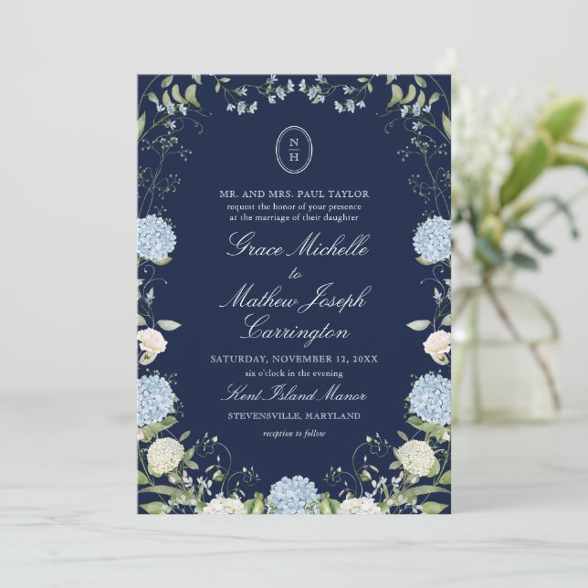 Navy Blue Hydrangea Monogram Wedding Invitation (Standing Front)