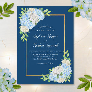 Navy Blue Hydrangea White Roses Gold Wedding Invitation