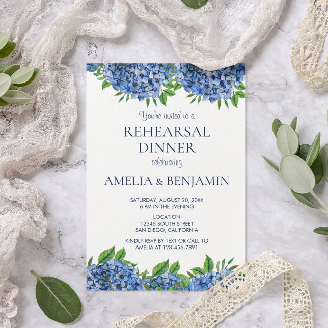Navy Blue Hydrangea Wood Wedding Rehearsal Dinner  Invitation (Creator Uploaded)