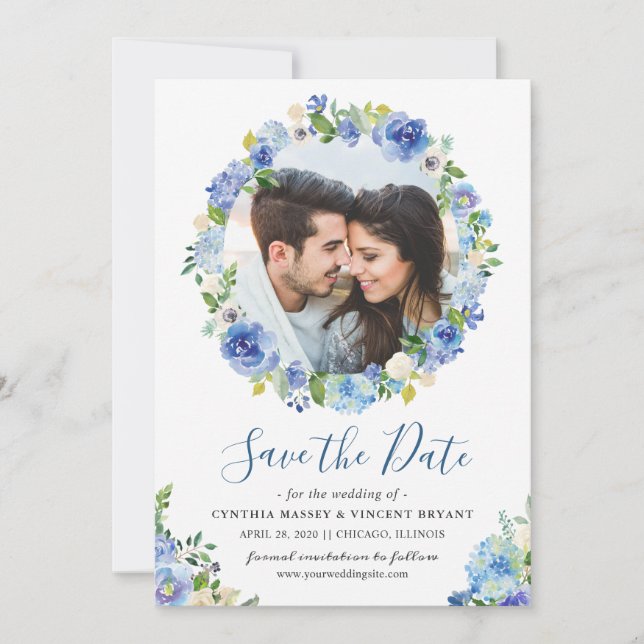 Navy Blue Hydrangeas Floral Wreath Save the Date (Front)