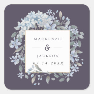 Navy & Blue Hydrangeas Frame Watercolor Wedding Square Sticker