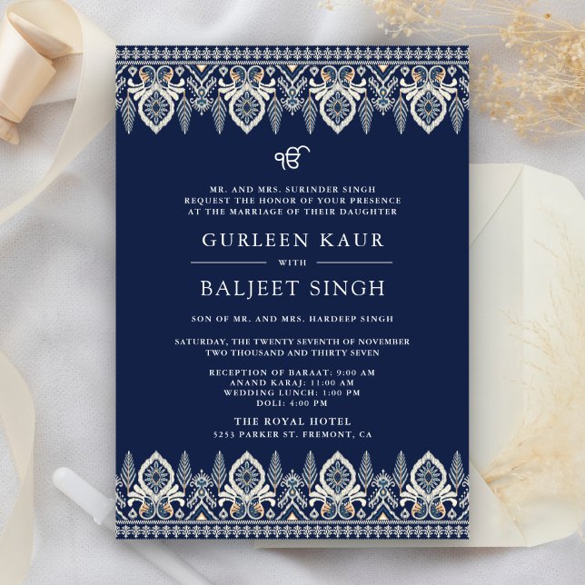 Navy Blue Ikat Anand Karaj Sikh Wedding Invitation (Creator Uploaded)