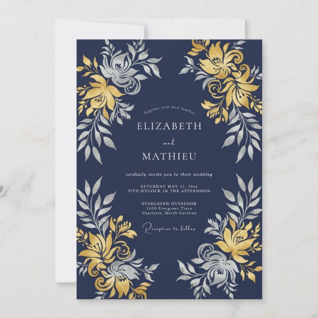 Navy Blue Illustrious Evening Wedding Invitation (Front)