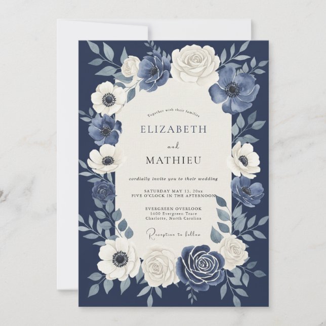 Navy Blue Imperial Botanical Wedding Invitation (Front)