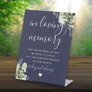 Navy Blue In Loving Memory Greenery Wedding Pedestal Sign