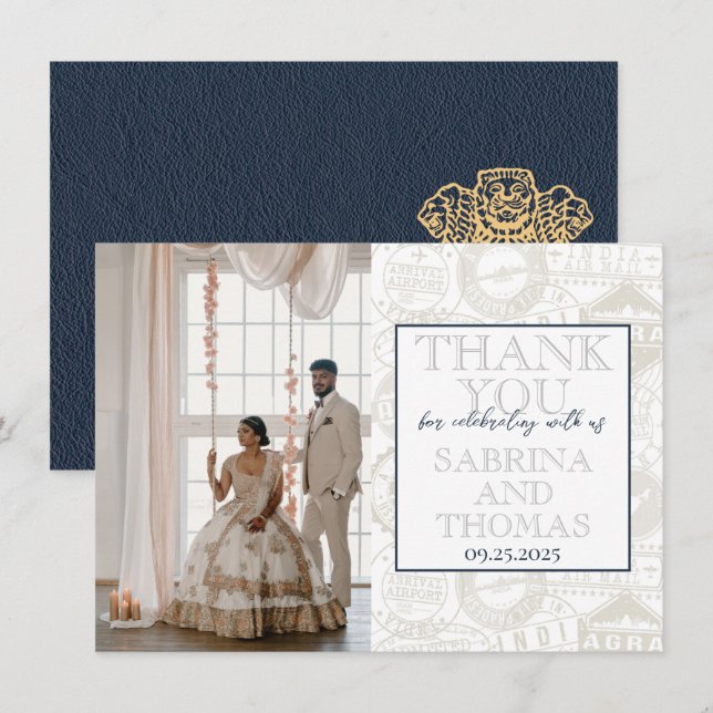 Navy Blue India Wedding Photo Thank You Card (Front/Back)