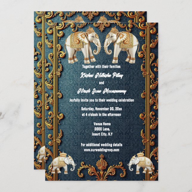 Navy blue Indian elephants Hindi luxurious paisley Invitation (Front/Back)