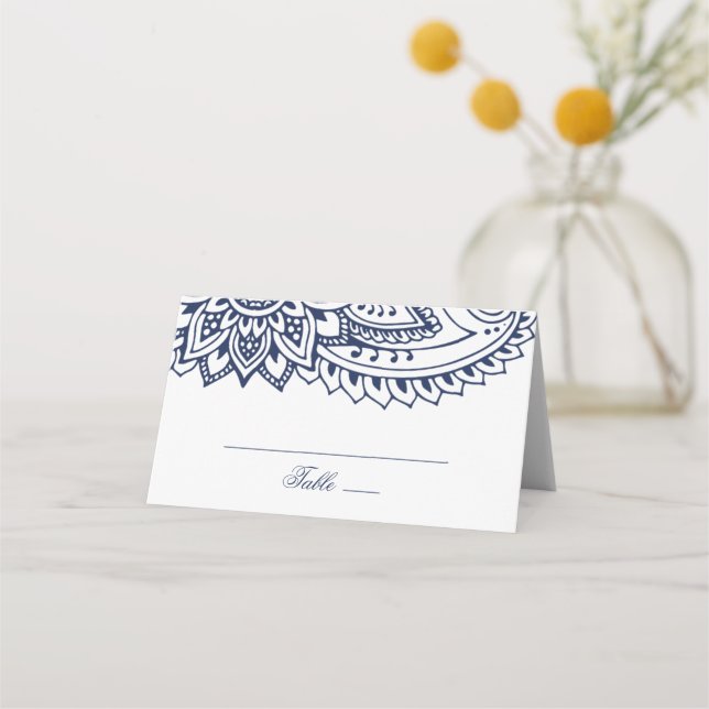 Navy Blue Indian Paisley Wedding Place Card (Front)