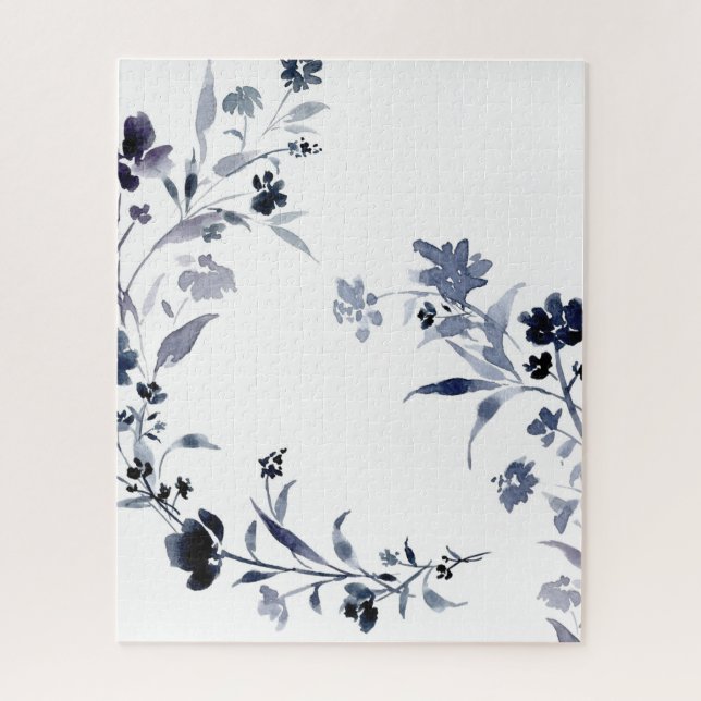 Navy blue indigo floral flower watercolor jigsaw puzzle (Vertical)