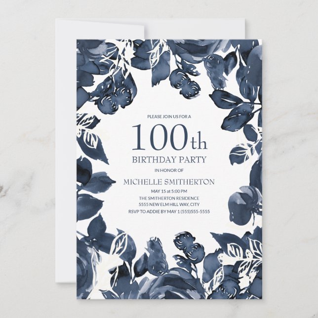 Navy Blue Indigo Leaves 100th Birthday Invitation (Front)