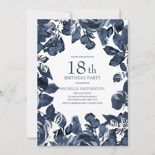Navy Blue Indigo Leaves 18th Birthday Invitation (Front)