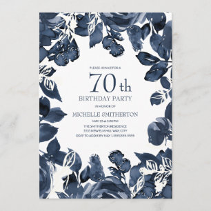 Navy Blue Indigo Leaves 70th Birthday Invitation