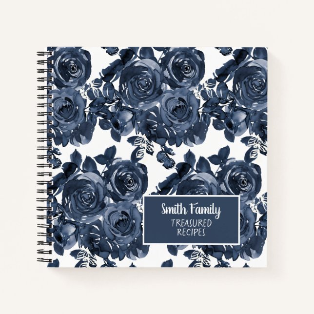 Navy Blue Indigo Watercolor Floral Recipe Notebook (Front)