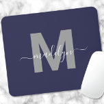 Navy Blue Initial Name Monogram Mouse Pad<br><div class="desc">Personalised Elegant Modern Navy Blue and White Script Initial Monogram Mouse Pad. Add a touch of sophistication to your workspace with this chic mouse pad. It features a sleek grey initial centred on a rich navy blue background, complemented by a clean and modern design. Combining elegance with practicality, this mouse...</div>