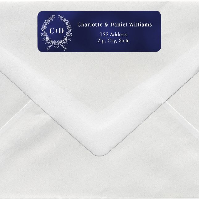Navy blue initials wreath wedding return address label (Creator Uploaded)