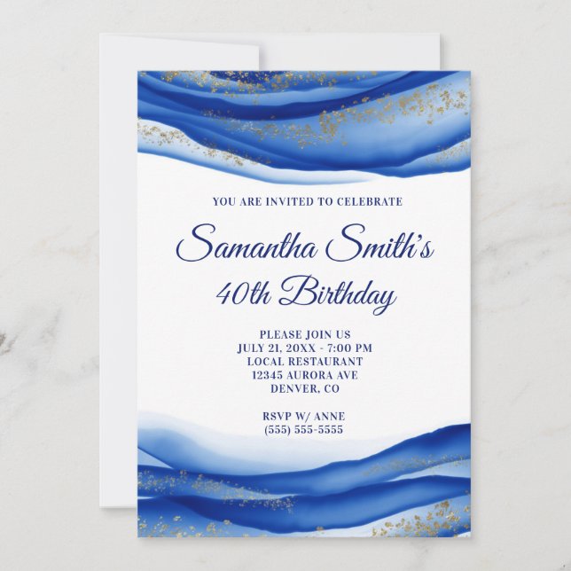 Navy Blue Ink Gold Flakes Geode 40th Birthday Invitation (Front)