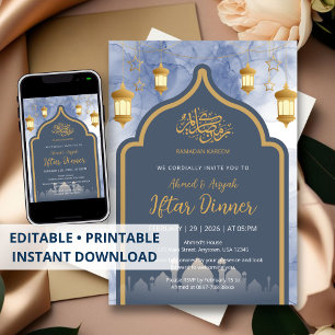 Navy Blue Ink & Gold Frame Iftar Invitation