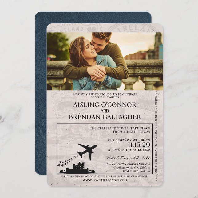 Navy Blue Ireland Passport Wedding Invitation (Front/Back)