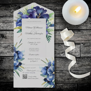 Navy Blue Iris Bouquets on Grey with QR Code All In One Invitation
