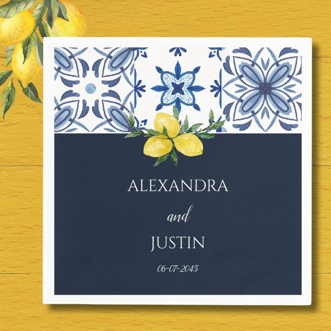 Navy Blue Italian Lemon Mediterranean Wedding Napkin (Creator Uploaded)