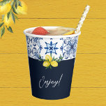 Navy Blue Italian Tile Yellow Lemon Bridal Shower Paper Cups<br><div class="desc">Personallize this Yellow Lemon Bridal Shower paper cup, the perfect addition to your elegant celebration. Inspired by the timeless charm of the Amalfi Coast, this chic paper cup features vibrant yellow watercolor lemons and lush green leaves, set against a deep navy blue background. The design is accentuated with blue and...</div>