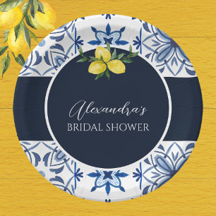 Navy Blue Italian Yellow Lemon Bridal Shower Paper Paper Plate