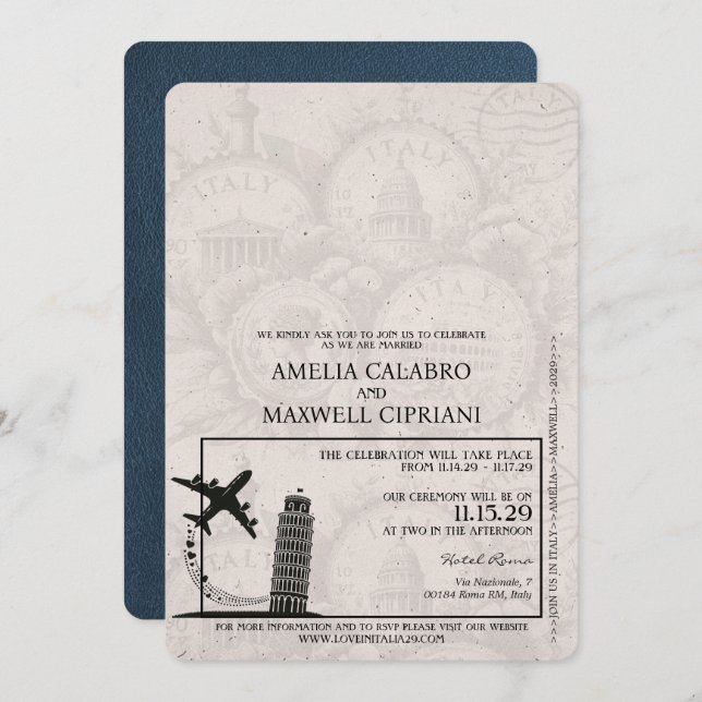 Navy Blue Italy Passport Wedding Invitation (Front/Back)