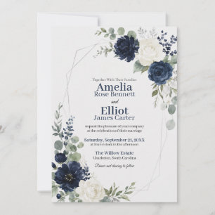Navy Blue Ivory Floral Geometric Wedding Invitation