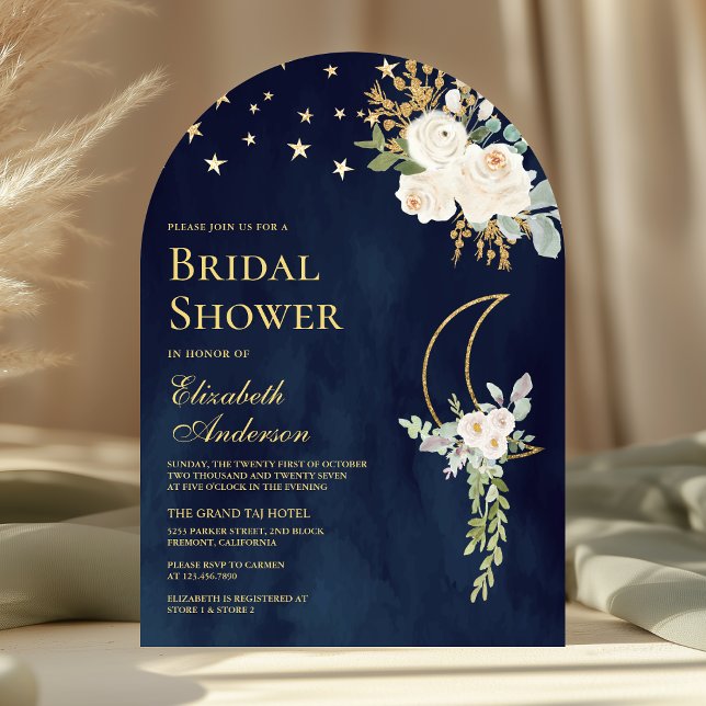 Navy Blue Ivory Floral Moon Arch Bridal Shower Invitation (Creator Uploaded)