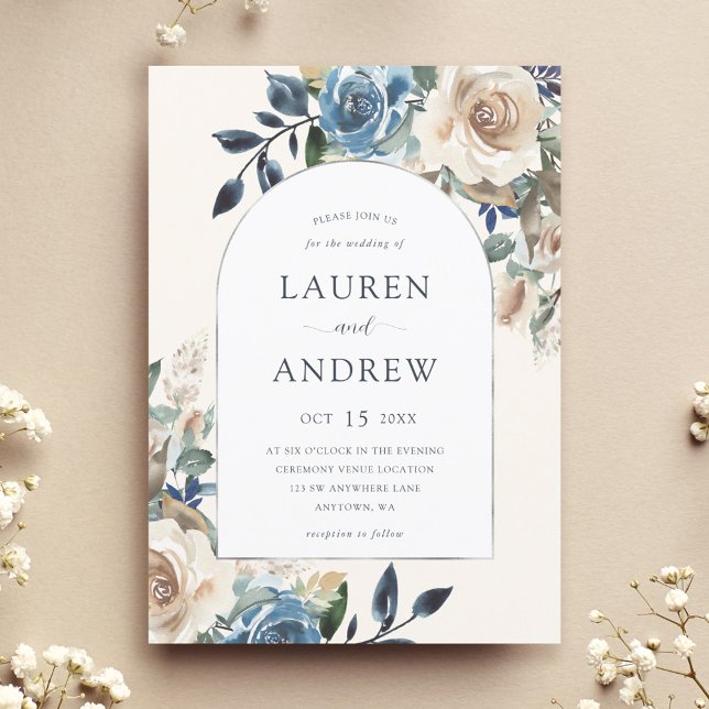 Navy Blue Ivory Floral Silver Arch Wedding Invitation (Creator Uploaded)